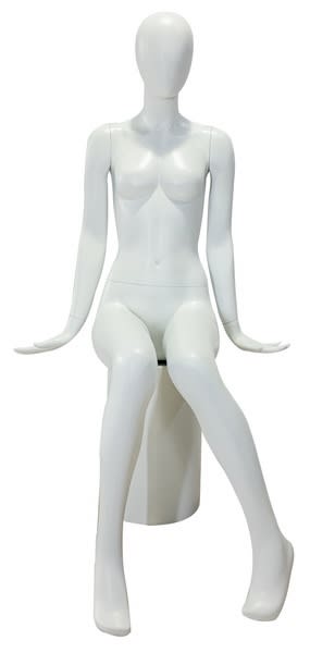 Matte white female seated mannequin with egghead design, fiberglass construction, and hands positioned to the side for apparel displays