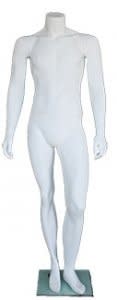 Matte white male headless mannequin with fiberglass construction, standing pose, tempered glass base, and calf support rod
