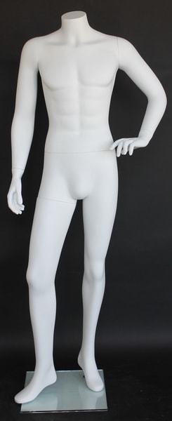 Matte white male headless mannequin with hand on hip pose, fiberglass construction, and glass base for menswear displays