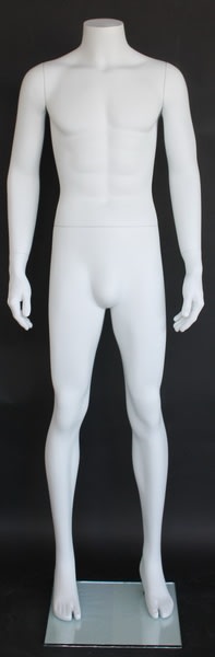 Matte white male headless mannequin with fiberglass construction, arms at sides, tempered glass base, and calf support rod