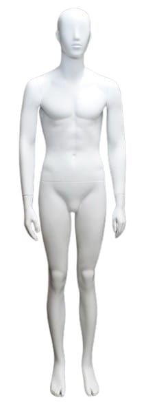 6'3" matte white male abstract head mannequin with fiberglass construction, tempered glass base, calf rod, and foot support