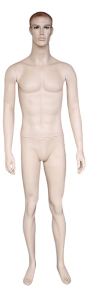 Realistic male fiberglass mannequin with molded hair, blue eyes, muscular physique, and tempered glass base for retail displays