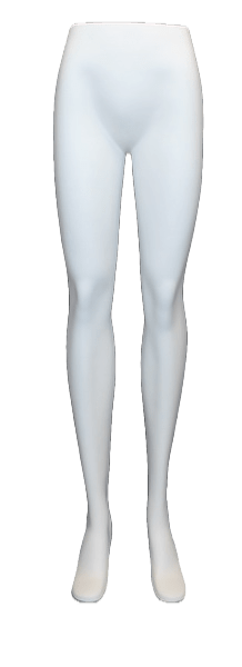 White female fiberglass legs mannequin with matte finish, tempered glass base, foot rod, and calf support rod for apparel and footwear displays