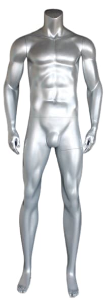 5'11" headless male mannequin with matte silver fiberglass finish and base for menswear retail displays