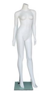 Matte white fiberglass female headless mannequin in an elegant pose, used for apparel display and supported by a tempered glass base.