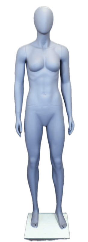5'11" matte gray female egghead mannequin with fiberglass construction and tempered glass base for clothing displays