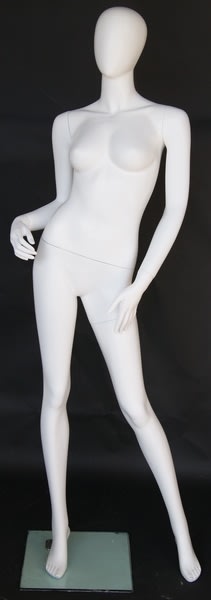 Matte white female egghead mannequin made of durable fiberglass, featuring a stylish and contemporary design on a tempered glass base for retail clothing display.