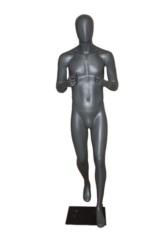Sleek gray egghead female athletic mannequin made of fiberglass with a toned physique, standing confidently on a brushed metal square base with tempered glass, perfect for sportswear.