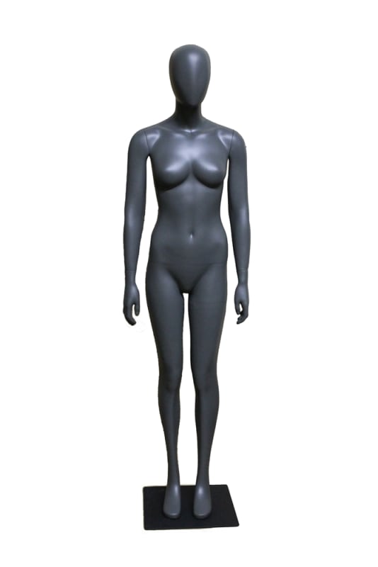 Sleek gray egghead female athletic mannequin made of fiberglass with a toned physique, standing confidently on a brushed metal square base with tempered glass, perfect for sportswear.