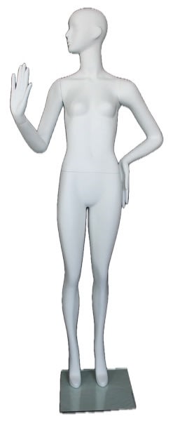 Full-size matte white abstract female egghead mannequin with hands flared out, featuring removable arms and standing on a tempered glass base, ideal for high-end fashion display.