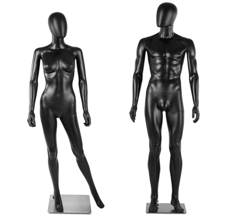 Black egghead male and female mannequin set with metal bases and poseable arms