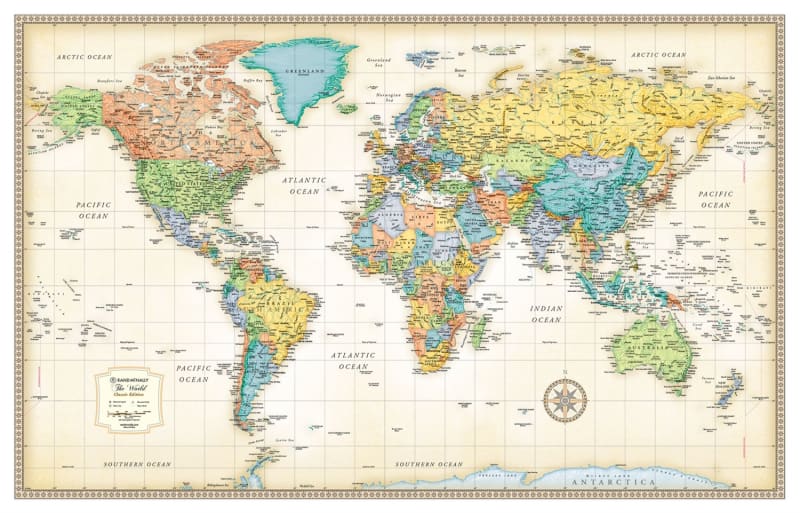 Rand McNally Classic World Wall Map with vintage parchment-style coloring and modern digital accuracy for home or office decor. Rand McNally Classic World Wall Map with vintage parchment-style coloring and modern digital accuracy for home or office decor.