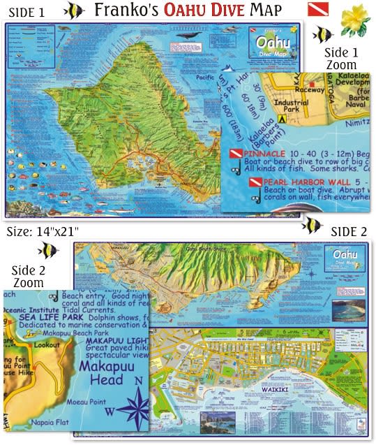 Oahu Dive Map. This waterproof map includes information for Scuba Divers, Snorkelers, Kayakers, Hikers, Bicyclists, Boaters, Surfers, and Tourists. Shown on the map are fish species found around Oahu, as well as, detailed descriptions of the coastline and