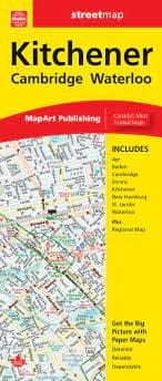 Kitchener Cambridge Waterloo ONTARIO road map. Detailed road map of Kitchener showing transportation, recreation, commercial, service, culture, boundary, education, water and land designations. Includes Cambridge, Waterloo, Ayr, Baden, Elmira, New Hamburg