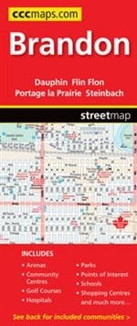 Detailed full-color street map of Brandon, Manitoba, including community insets for Steinbach, Thompson, and Winkler.