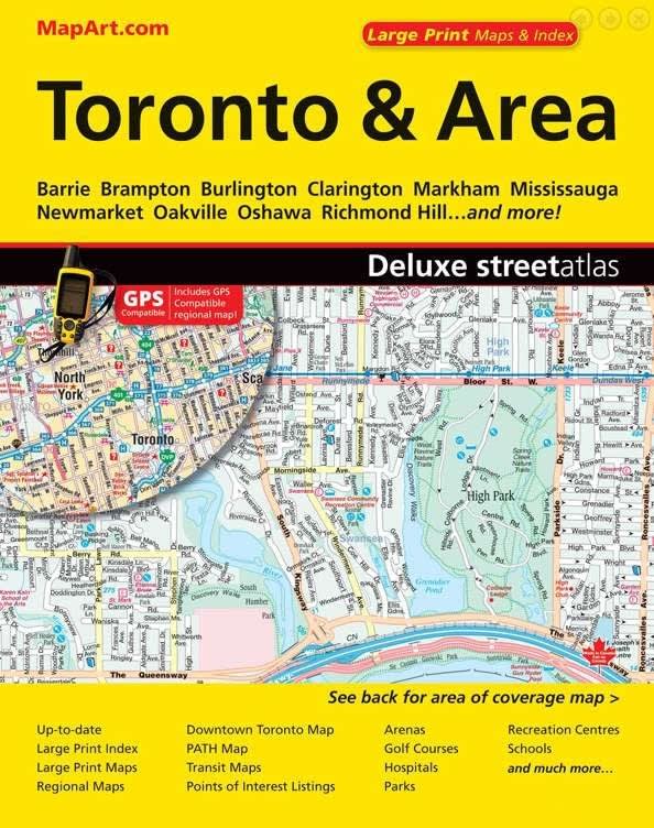 Toronto & Area Street Atlas. Includes communities of Acton, Ajax, Alliston, Angus, Aurora, Barrie, Beaverton, Beeton, Bolton, Bowmanville, Bradford, Brampton, Brooklin, Burlington, Caledon East, Caledon Village, Carlisle, Cedar Mills, Centreville/Albion,