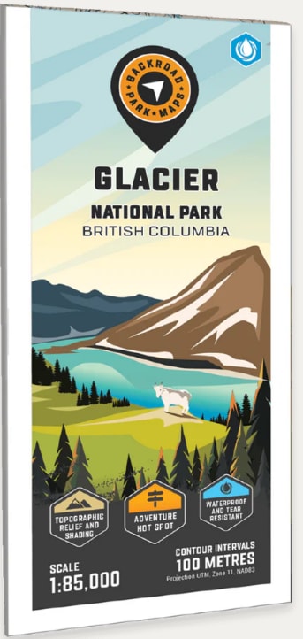 Topographic recreation map of Glacier National Park, BC, featuring hiking trails, backcountry ski routes, and alpine hut locations.