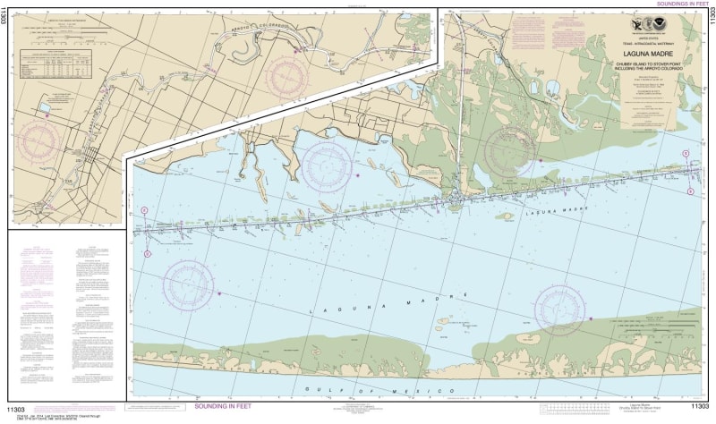 NOAA Chart 11303. Nautical Chart of Intracoastal Waterway Laguna Madre - Chubby Island to Stover Point, including The Arroyo Colorado - Gulf of Mexico. NOAA charts portray water depths, coastlines, dangers, aids to navigation, landmarks, bottom characteri