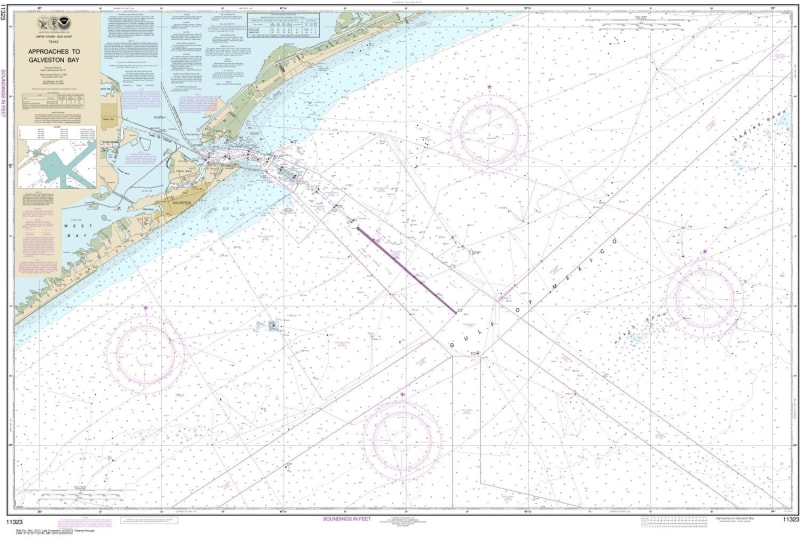 NOAA Chart 11323. Nautical Chart of Approaches to Galveston Bay - Gulf Coast. NOAA charts portray water depths, coastlines, dangers, aids to navigation, landmarks, bottom characteristics and other features, as well as regulatory, tide, and other informati