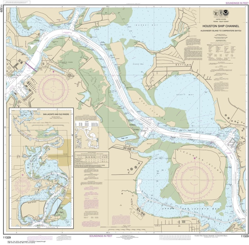NOAA Chart 11329. Nautical Chart of Houston Ship Channel Alexander Island to Carpenters Bayou - San Jacinto and Old Rivers - Gulf Coast. NOAA charts portray water depths, coastlines, dangers, aids to navigation, landmarks, bottom characteristics and other