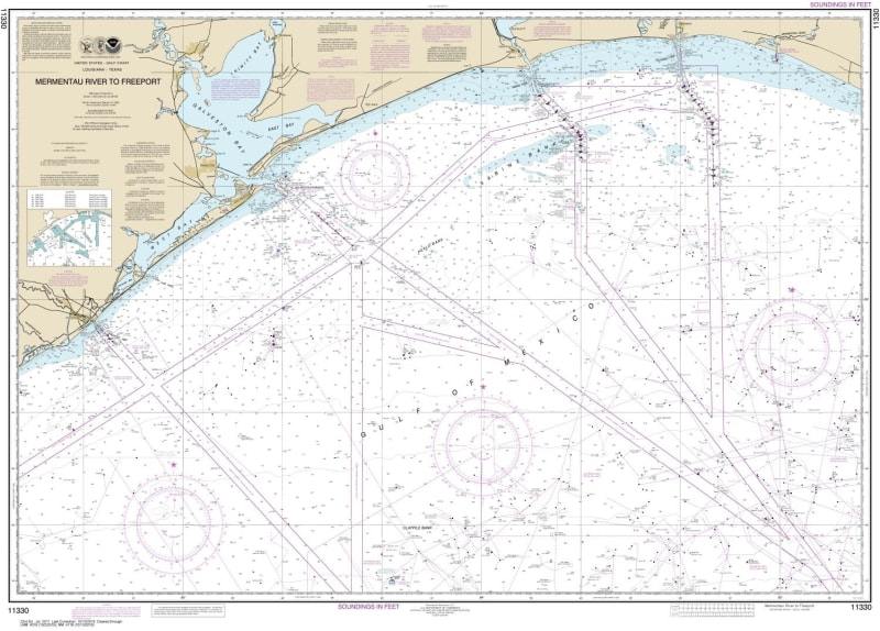 NOAA Chart 11330. Nautical Chart of Mermentau River to Freeport - Gulf Coast. NOAA charts portray water depths, coastlines, dangers, aids to navigation, landmarks, bottom characteristics and other features, as well as regulatory, tide, and other informati