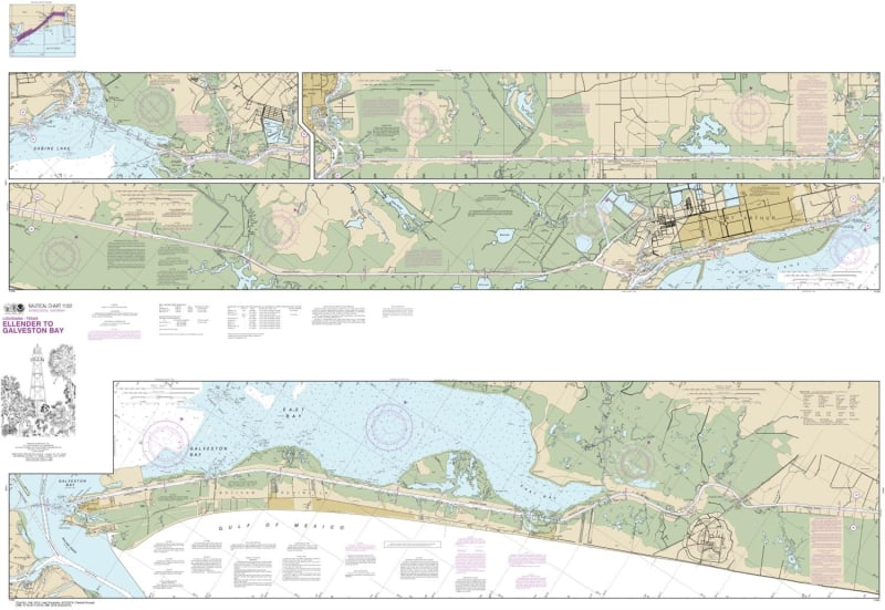NOAA Chart 11331. Nautical Chart of Intracoastal Waterway Ellender to Galveston Bay - Gulf Coast. NOAA charts portray water depths, coastlines, dangers, aids to navigation, landmarks, bottom characteristics and other features, as well as regulatory, tide,
