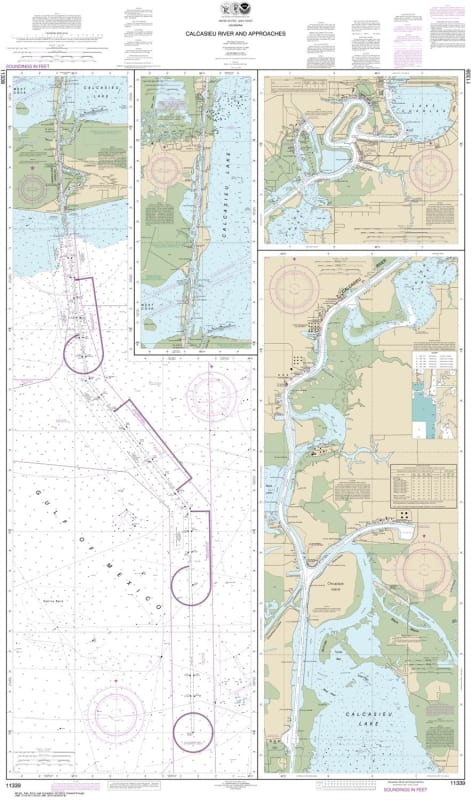 NOAA Chart 11339. Nautical Chart of Calcasieu River and Approaches - Gulf Coast. NOAA charts portray water depths, coastlines, dangers, aids to navigation, landmarks, bottom characteristics and other features, as well as regulatory, tide, and other inform