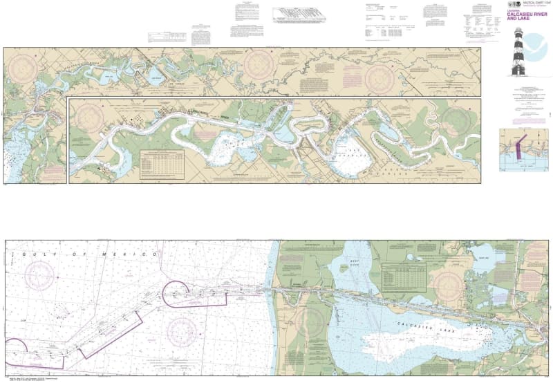 NOAA Chart 11347. Nautical Chart of Calcasieu River and Lake- Gulf Coast. NOAA charts portray water depths, coastlines, dangers, aids to navigation, landmarks, bottom characteristics and other features, as well as regulatory, tide, and other information.