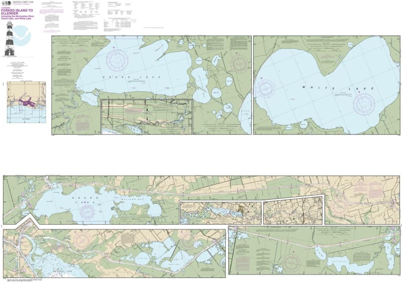 NOAA Chart 11348. Nautical Chart of Intracoastal Waterway Forked Island to Ellender, including the Mermantau River, Grand Lake and White Lake- Gulf Coast. NOAA charts portray water depths, coastlines, dangers, aids to navigation, landmarks, bottom charact