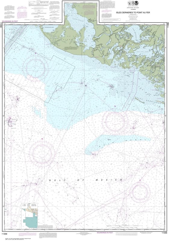 NOAA Chart 11356. Nautical Chart of Isles Dernieres to Point au Fer- Gulf Coast. NOAA charts portray water depths, coastlines, dangers, aids to navigation, landmarks, bottom characteristics and other features, as well as regulatory, tide, and other inform
