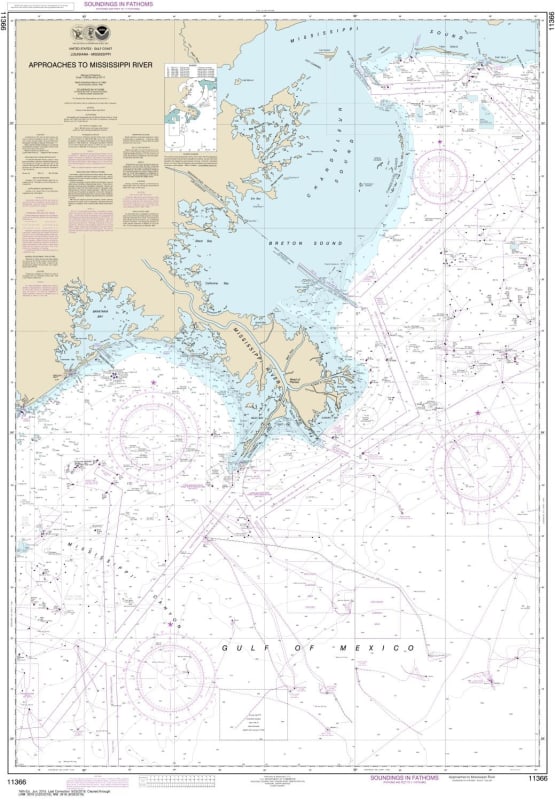 NOAA Chart 11366. Nautical Chart of Barataria and Bayou Lafourche Waterways Intracoastal Waterway to Gulf of Mexico - Gulf Coast. NOAA charts portray water depths, coastlines, dangers, aids to navigation, landmarks, bottom characteristics and other featur