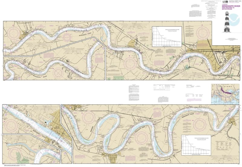 NOAA Chart 11370. Nautical Chart of Mississippi River - New Orleans to Baton Rouge - Gulf Coast. NOAA charts portray water depths, coastlines, dangers, aids to navigation, landmarks, bottom characteristics and other features, as well as regulatory, tide,