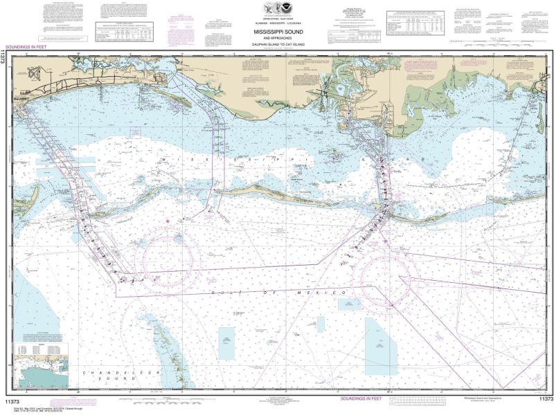NOAA Chart 11373. Nautical Chart of Mississippi Sound and approaches Dauphin Island to Cat Island - Gulf Coast. NOAA charts portray water depths, coastlines, dangers, aids to navigation, landmarks, bottom characteristics and other features, as well as reg