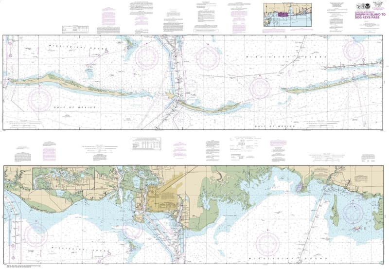 NOAA Chart 11374. Nautical Chart of Intracoastal Waterway Dauphin Island to Dog Keys Pass - Gulf Coast. NOAA charts portray water depths, coastlines, dangers, aids to navigation, landmarks, bottom characteristics and other features, as well as regulatory,