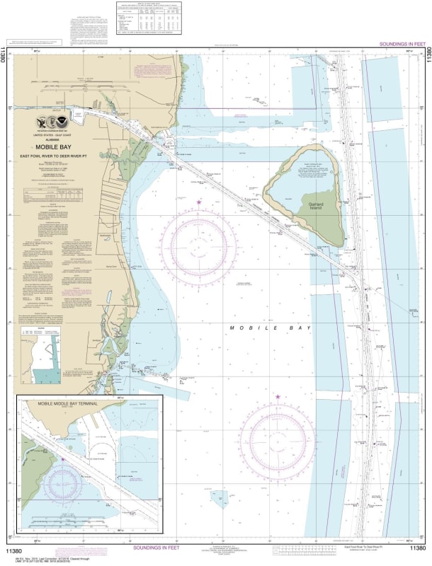 NOAA Chart 11380. Nautical Chart of Mobile Bay East Fowl River to Deer River Pt -  Mobile Middle Bay Terminal - Gulf Coast. NOAA charts portray water depths, coastlines, dangers, aids to navigation, landmarks, bottom characteristics and other features, as