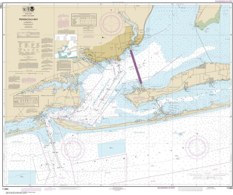 NOAA Chart 11383. Nautical Chart of Pensacola Bay - Gulf Coast. NOAA charts portray water depths, coastlines, dangers, aids to navigation, landmarks, bottom characteristics and other features, as well as regulatory, tide, and other information. They conta