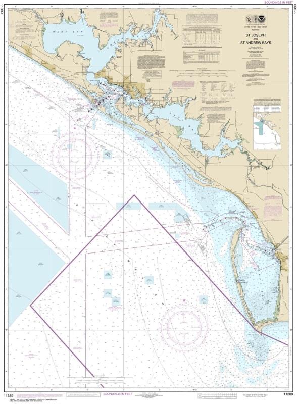 NOAA Chart 11389. Nautical Chart of St Joseph and St Andrew Bays - Gulf Coast. NOAA charts portray water depths, coastlines, dangers, aids to navigation, landmarks, bottom characteristics and other features, as well as regulatory, tide, and other informat
