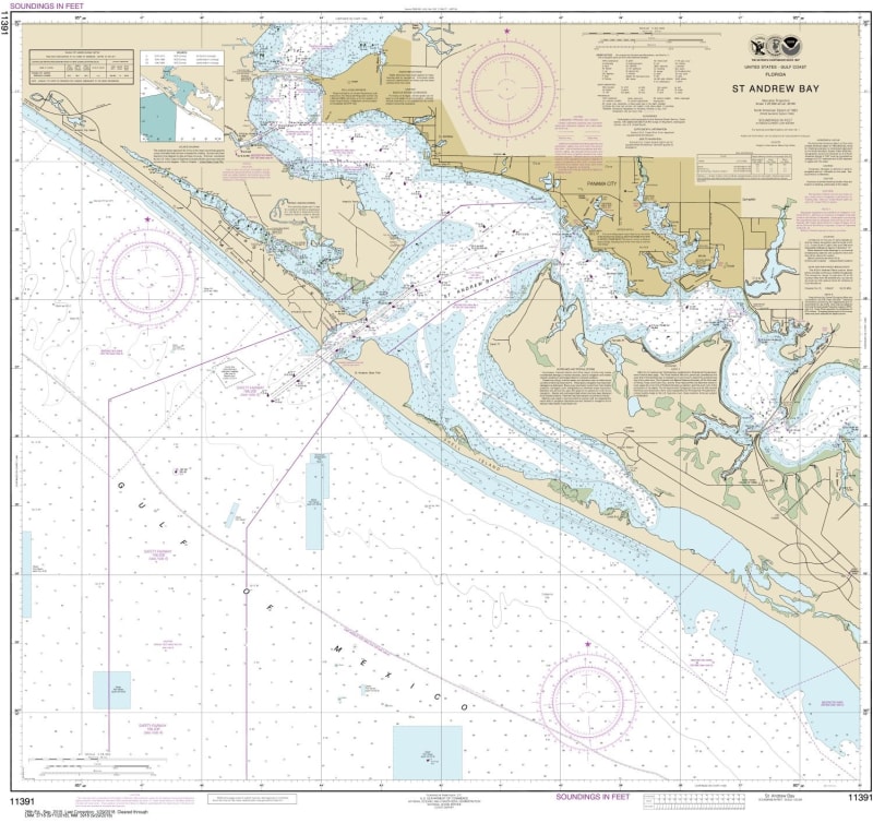 NOAA Chart 11391. Nautical Chart of St. Andrew Bay - Gulf Coast. NOAA charts portray water depths, coastlines, dangers, aids to navigation, landmarks, bottom characteristics and other features, as well as regulatory, tide, and other information. They cont
