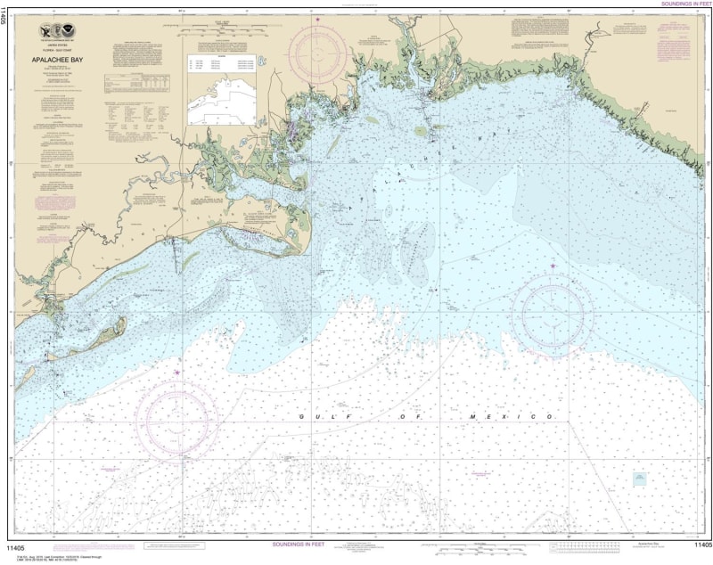 NOAA Chart 11405. Nautical Chart of Apalachee Bay - Gulf Coast. NOAA charts portray water depths, coastlines, dangers, aids to navigation, landmarks, bottom characteristics and other features, as well as regulatory, tide, and other information. They conta