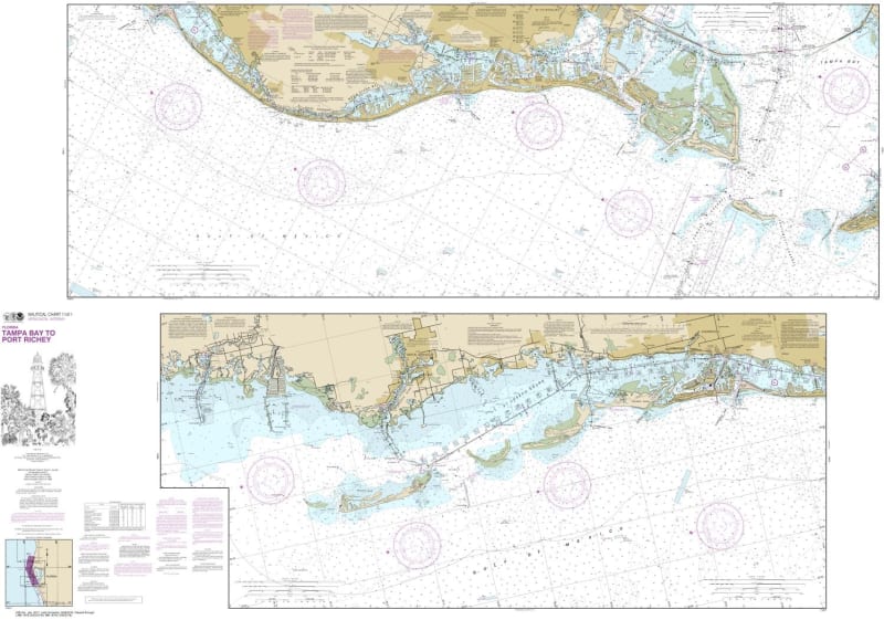 NOAA Chart 11411. Nautical Chart of Intracoastal Waterway Tampa Bay to Port Richey- Gulf Coast. NOAA charts portray water depths, coastlines, dangers, aids to navigation, landmarks, bottom characteristics and other features, as well as regulatory, tide, a