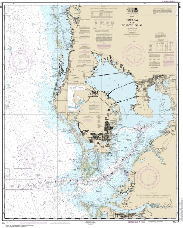 NOAA Chart 11412. Nautical Chart of Tampa Bay and St. Joseph Sound - Gulf Coast. NOAA charts portray water depths, coastlines, dangers, aids to navigation, landmarks, bottom characteristics and other features, as well as regulatory, tide, and other inform
