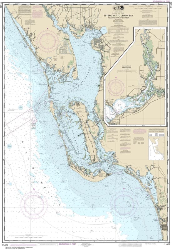NOAA Chart 11426. Nautical Chart of Estero Bay to Lemon Bay, including Charlotte Harbor - Continuation of Peace River - Gulf Coast. NOAA charts portray water depths, coastlines, dangers, aids to navigation, landmarks, bottom characteristics and other feat