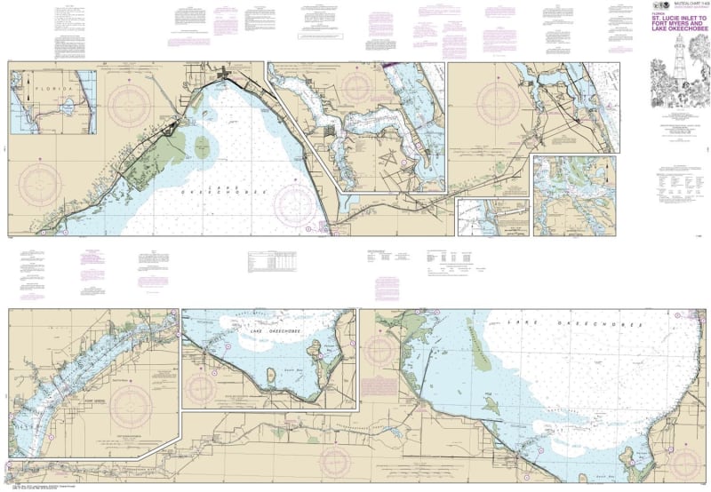 NOAA Chart 11428. Nautical Chart of Okeechobee Waterway St. Lucie Inlet to Fort Myers - Lake Okeechobee - Gulf Coast. NOAA charts portray water depths, coastlines, dangers, aids to navigation, landmarks, bottom characteristics and other features, as well