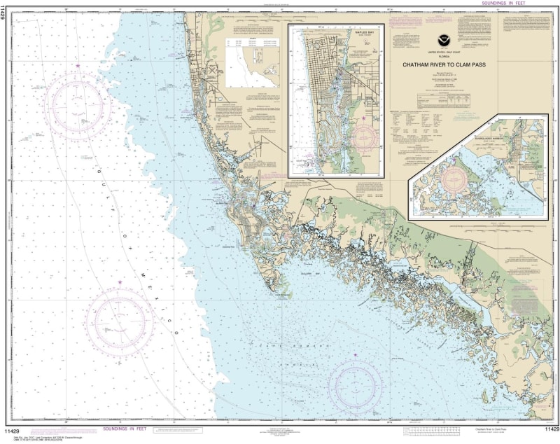 NOAA Chart 11429. Nautical Chart of Chatham River to Clam Pass - Naples Bay - Everglades Harbor - Gulf Coast. NOAA charts portray water depths, coastlines, dangers, aids to navigation, landmarks, bottom characteristics and other features, as well as regul