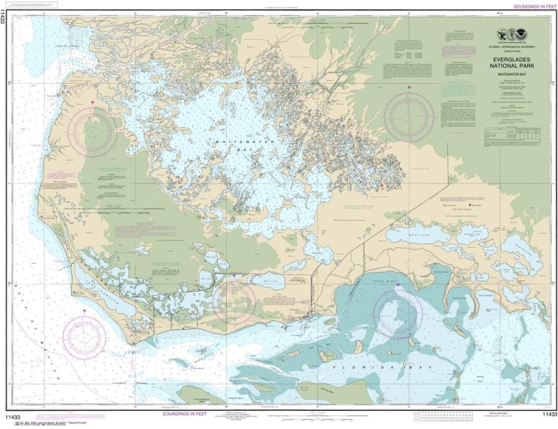 NOAA Chart 11433. Nautical Chart of Everglades National Park Whitewater Bay - Gulf Coast. NOAA charts portray water depths, coastlines, dangers, aids to navigation, landmarks, bottom characteristics and other features, as well as regulatory, tide, and oth