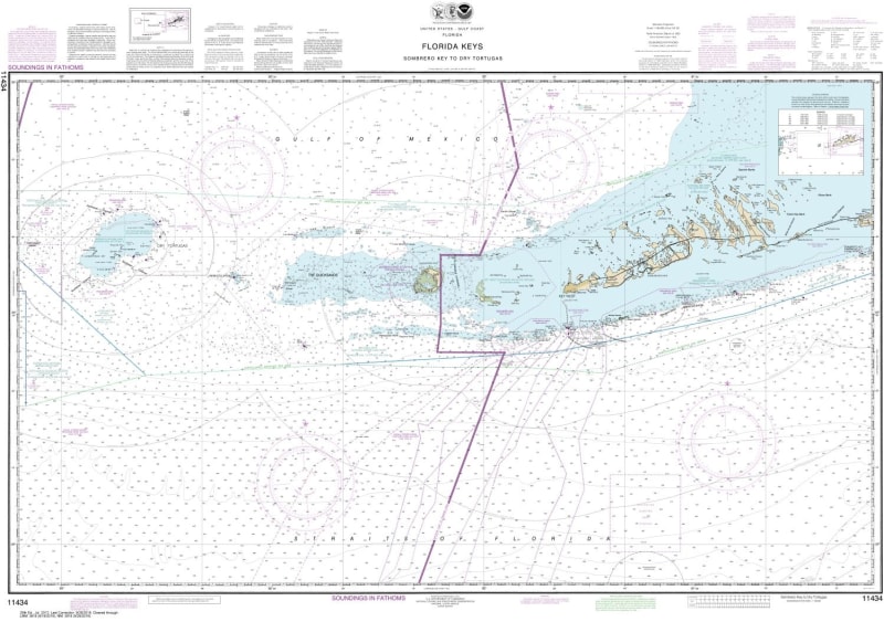 NOAA Chart 11434. Nautical Chart of Florida Keys Sombrero Key to Dry Tortugas - Gulf Coast. NOAA charts portray water depths, coastlines, dangers, aids to navigation, landmarks, bottom characteristics and other features, as well as regulatory, tide, and o