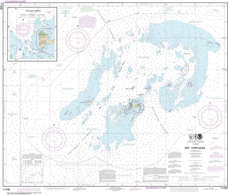 NOAA Chart 11438. Nautical Chart of Dry Tortugas - Tortugas Harbor - Gulf Coast. NOAA charts portray water depths, coastlines, dangers, aids to navigation, landmarks, bottom characteristics and other features, as well as regulatory, tide, and other inform