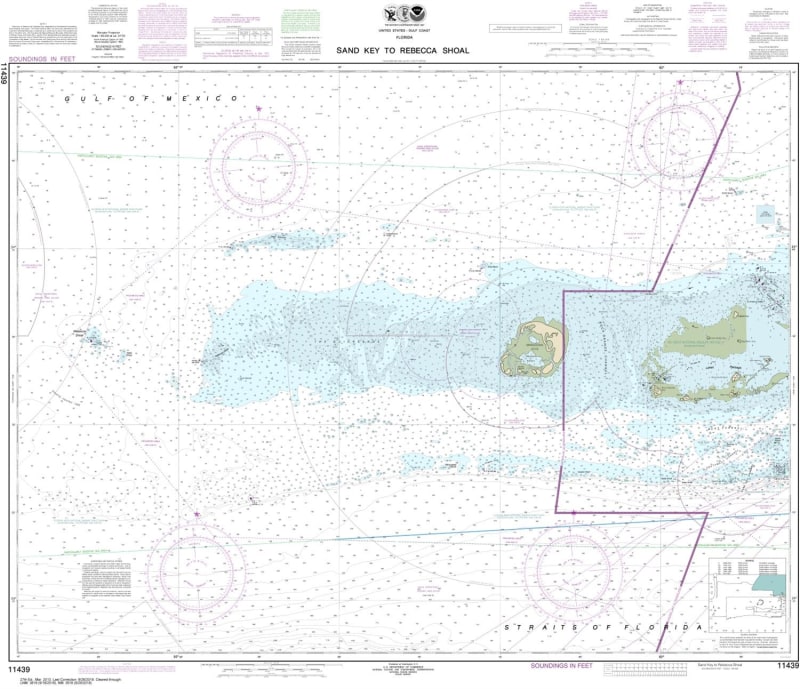 NOAA Chart 11439. Nautical Chart of Sand Key to Rebecca Shoal - Gulf Coast. NOAA charts portray water depths, coastlines, dangers, aids to navigation, landmarks, bottom characteristics and other features, as well as regulatory, tide, and other information
