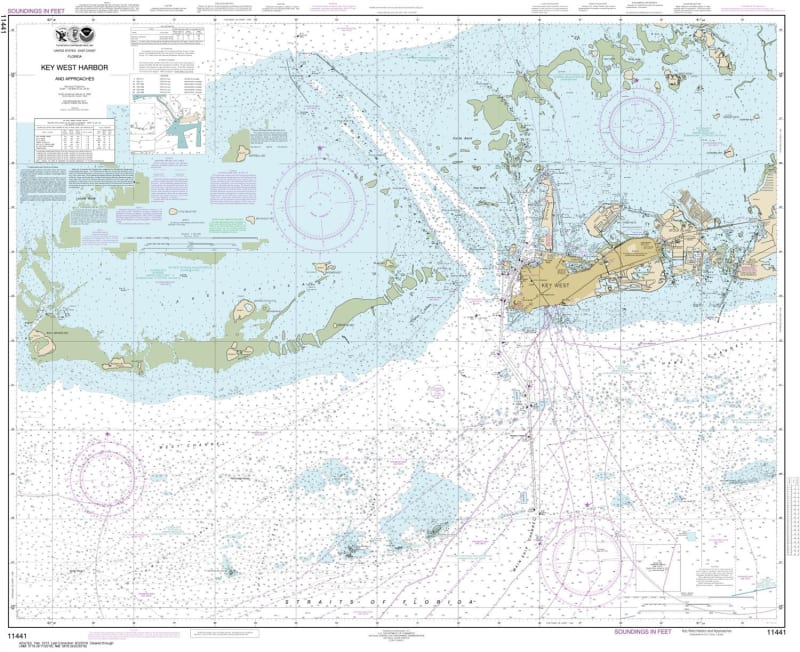 NOAA Chart 11441. Nautical Chart of Key West Harbor and Approaches - Gulf Coast. NOAA charts portray water depths, coastlines, dangers, aids to navigation, landmarks, bottom characteristics and other features, as well as regulatory, tide, and other inform