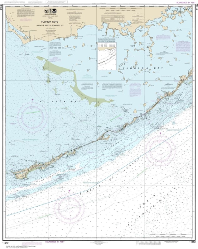 NOAA Chart 11452. Nautical Chart of Intracoastal Waterway Alligator Reef to Sombrero Key - Gulf Coast. NOAA charts portray water depths, coastlines, dangers, aids to navigation, landmarks, bottom characteristics and other features, as well as regulatory,